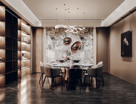  现代餐厅包厢 餐桌 酒柜 吊灯 墙饰3d模型 