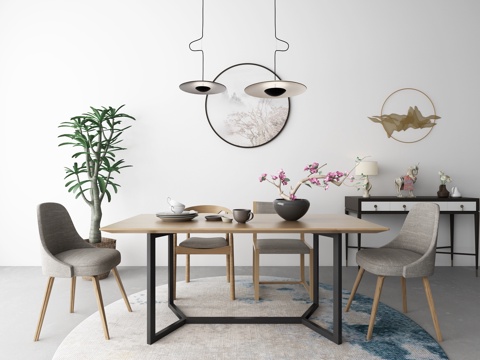  新中式餐桌椅 边柜 摆件组合3D模型3d模型 