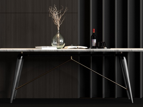  新中式实木大理石餐桌饰品组合3d模型 