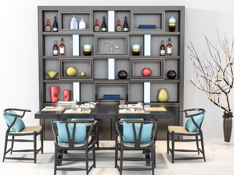  新中式餐桌椅 酒柜 展示柜 饰品 摆件 干支3d模型 