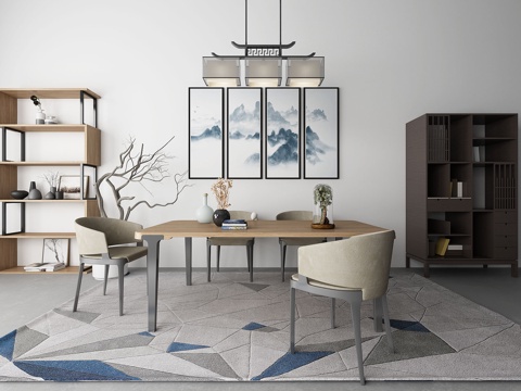  新中式餐桌椅 装饰柜 吊灯 摆件组合3D模型3d模型 