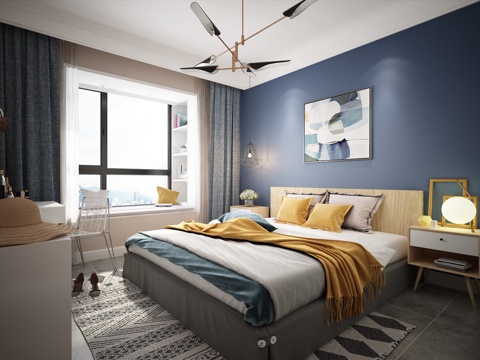  北欧卧室 吊灯 装饰柜 双人床 台灯 挂画 衣橱 置物架3d模型 