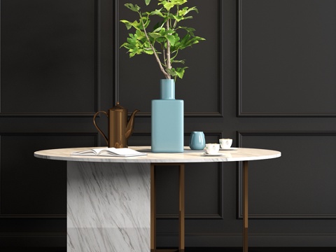  现代金属大理石餐桌花艺饰品组合3d模型 