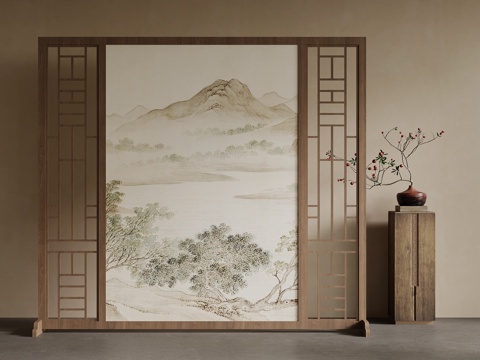  新中式屏风 隔断su模型 