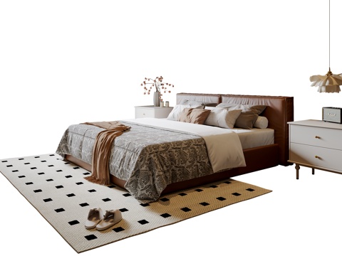  法式双人床 皮质双人床 床头柜 吊灯 地毯3d模型 