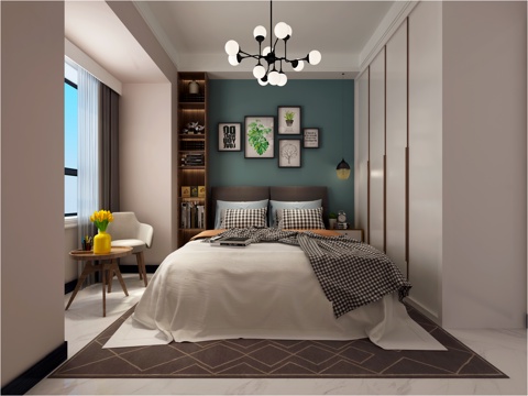  北欧主卧室 吊灯 双人床 挂画 置物架 摆件 沙发3d模型 