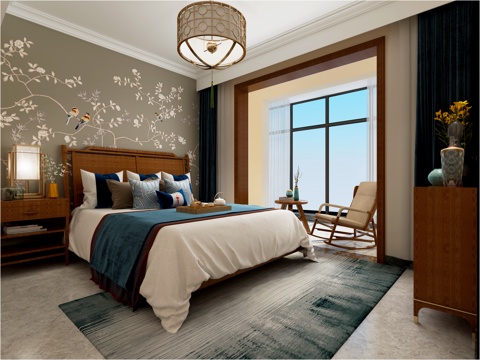  新中式主卧室 吊灯 台灯 双人床 装饰柜3d模型 