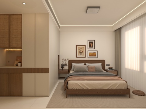  奶油风 卧室3d模型 