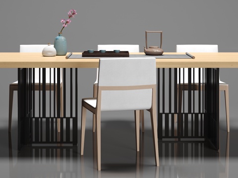  新中式餐桌椅子摆件组合3d模型 