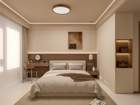  奶油风卧室3d模型 