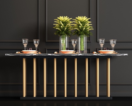  新中式金属大理石 餐桌 餐具饰品组合3d模型 