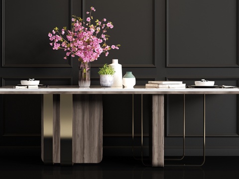  现代金属大理石餐桌餐具饰品组合3d模型 