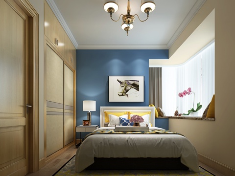  现代风格卧室 吊灯 双人床 台灯 衣橱3d模型 