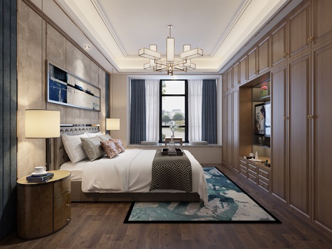  新中式主卧 床 吊灯 衣柜 飘窗 窗帘 装饰画3d模型 