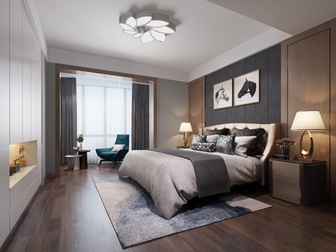  现代卧室 床 床头柜 灯 挂画 椅子 茶几 窗帘 地毯 靠枕3d模型 