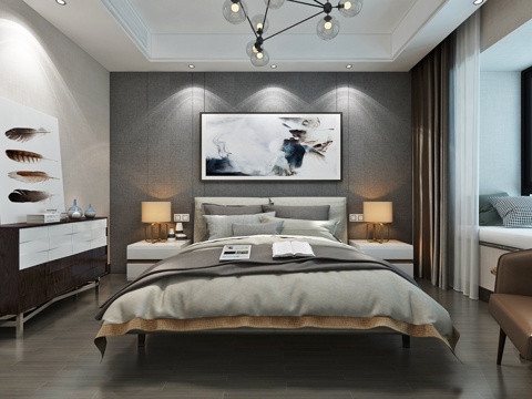  现代主卧室衣帽间 吊灯 双人床 台灯 装饰柜 挂画3d模型 