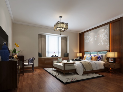  禅意中式主卧室 吊灯 双人床 床尾凳 台灯 装饰柜 书桌椅3d模型 