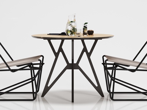  工业风休闲餐桌椅子 食物摆件组合3d模型 