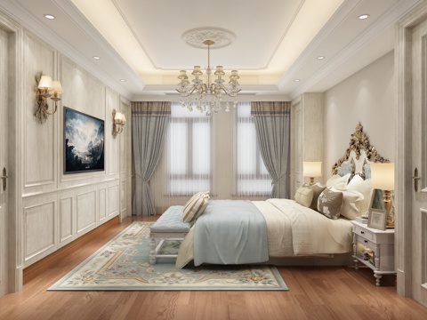  法式卧室 吊灯 双人床 床尾凳 壁灯 台灯3d模型 