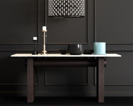  现代实木大理石餐桌餐具饰品吊灯组合3d模型 