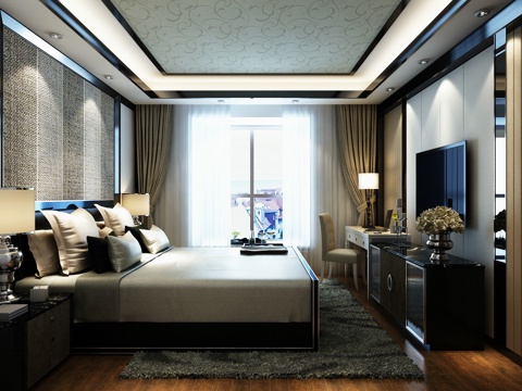  后现代卧室 吊灯 双人床 装饰柜 摆件 台灯3d模型 