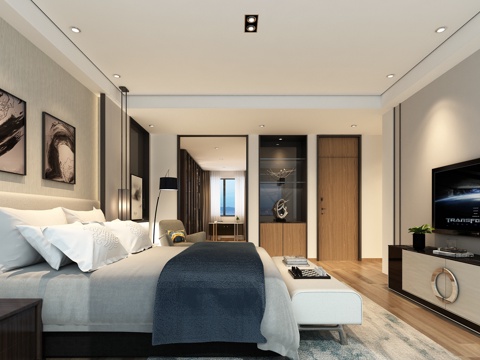  现代别墅卧室 电视柜 双人床 挂画3d模型 