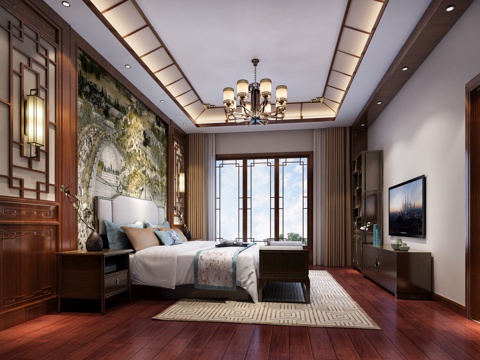  新中式主人房卧室 吊灯 背景墙 双人床 壁灯 装饰柜3d模型 