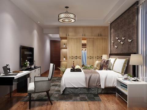  现代风格主卧室 双人床 书桌椅 吊灯 床头柜 台灯 装饰3d模型 