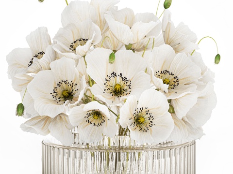  圆形花瓶中的白色野花花束3d模型 