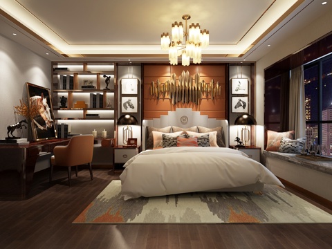  后现代卧室主人房 吊灯 台灯 双人床 置物架 书桌椅3d模型 