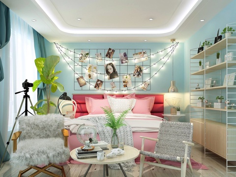  现代卧室 双人床 台灯 置物架 摆件 装饰墙 休闲椅子茶几3d模型 