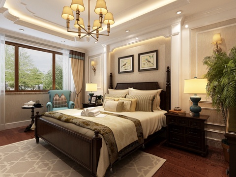  美式简约卧室 吊灯 双人床 台灯 挂画3d模型 