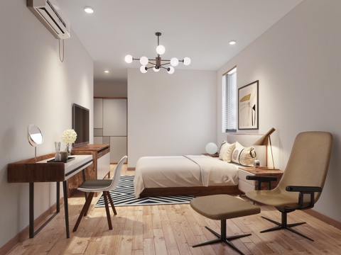  北欧次卧室 吊灯 书桌椅 挂画 双人床 单人椅子3d模型 