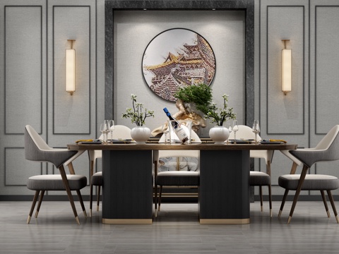  新中式餐桌椅组合 背景墙 餐桌椅 壁灯3d模型 