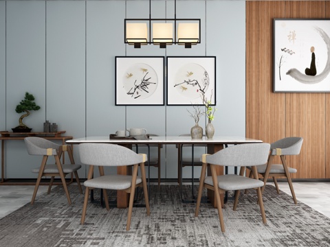  新中式餐桌椅吊灯装饰画组合3d模型 