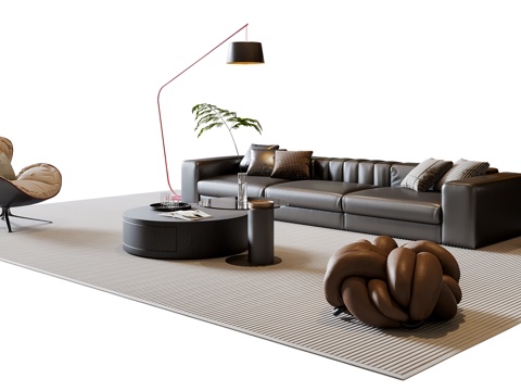  现代意式沙发茶几组合 三人沙发 皮质沙发 休闲椅 地毯3d模型 