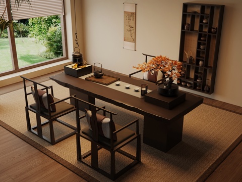  新中式茶桌椅 实木茶桌3d模型 