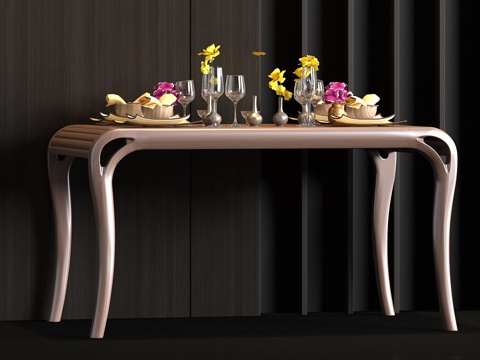  新中式实木餐桌餐具饰品组合3d模型 