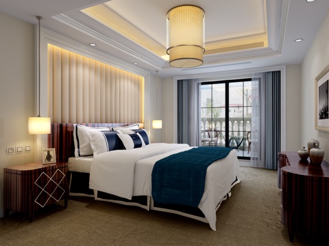  欧式简约卧室 吊灯 台灯 双人床 装饰柜 摆件 挂画3d模型 