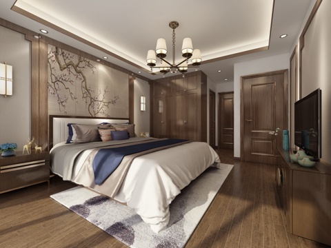  新中式卧室 金属吊灯 壁灯 双人床 背景墙 电视柜3d模型 