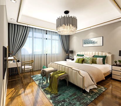  现代卧室 双人床 床头柜 吊灯 梳妆台 床尾凳 挂画3d模型 