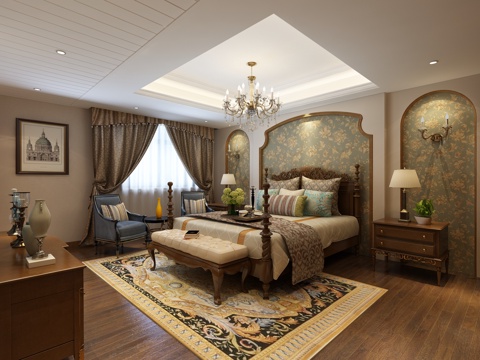  传统没事卧室走道 吊灯 床尾凳 双人床 壁灯 台灯 装饰柜3d模型 