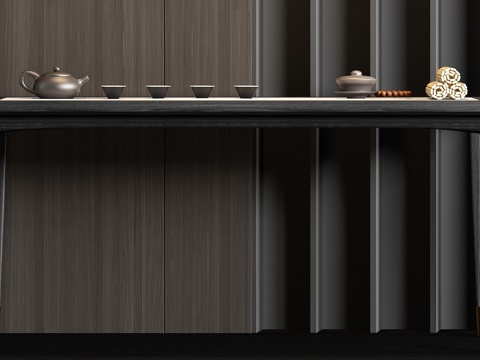  新中式实木茶桌茶具饰品组合3d模型 