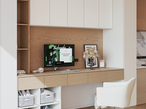  原木风开放式书房 现代书桌餐边柜一体柜 现代开放式书房3d模型 