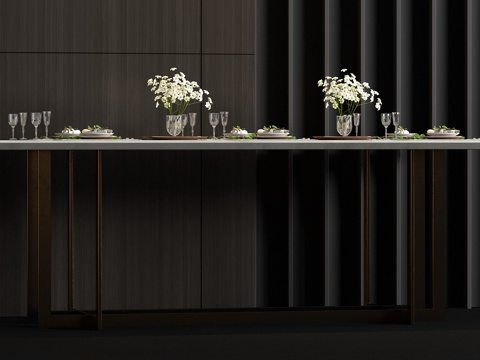  现代金属大理石餐桌餐具饰品组合3d模型 