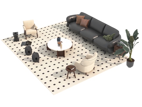  中古风沙发茶几组合3d模型 