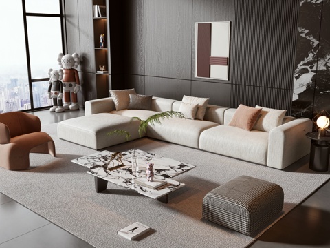  现代沙发茶几组合 组合沙发 茶几 摆件 落地灯 盆栽 墙饰3d模型 