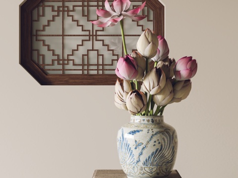  新中式饰品摆件 花瓶 花艺 陶罐3d模型 