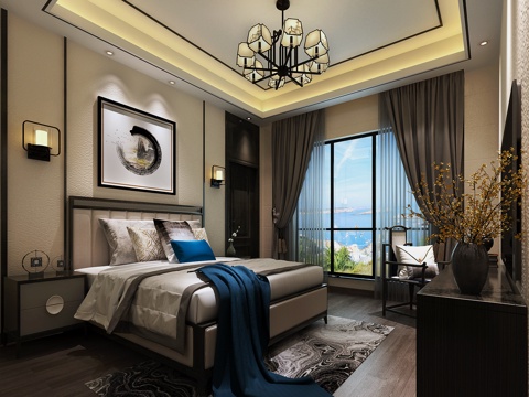  新中式卧室 吊灯 壁灯 双人床 装饰柜 摆件 挂画3d模型 