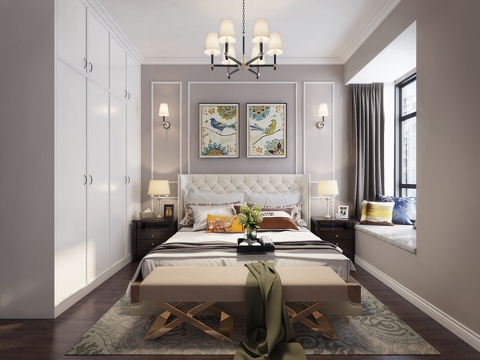  美式简约卧室 床 衣柜 吊灯 台灯 壁灯 窗帘 抱枕 装饰画3d模型 